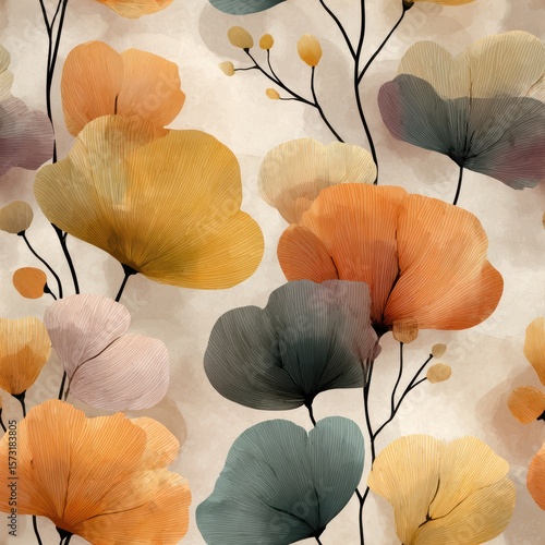 Colorful Floral Pattern with Abstract Leaves and Petals Design