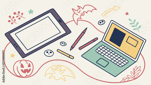 Illustration of a tablet, laptop, writing utensils, and halloween themed doodles on a light background
