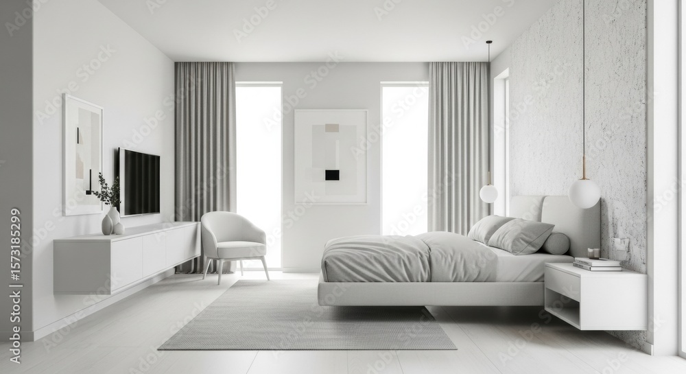 Fototapeta premium modern minimalist bedroom design with neutral tones natural light and simple elegant furnishings