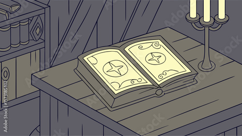 Open book with star symbols on a wooden table next to a candelabra and a bookshelf in dim lighting