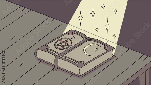 An open spellbook with a pentagram and crescent moon on a wooden surface under a spotlight casting stars