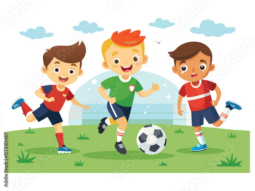 Three happy cartoon boys playing soccer together on a grassy field isolated on white background
