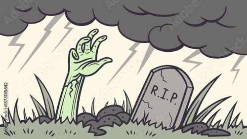 Illustration of a zombie hand rising from the grave with a tombstone under a stormy sky showing lightning