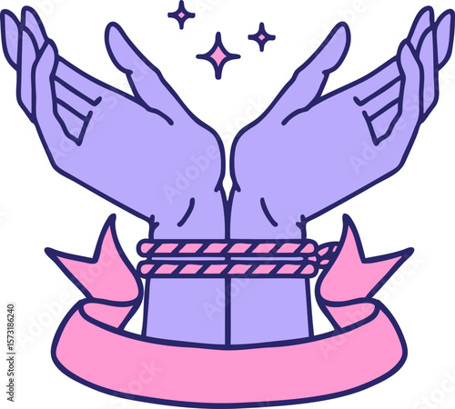 traditional tattoo with banner of a pair of tied hands in bright neon color