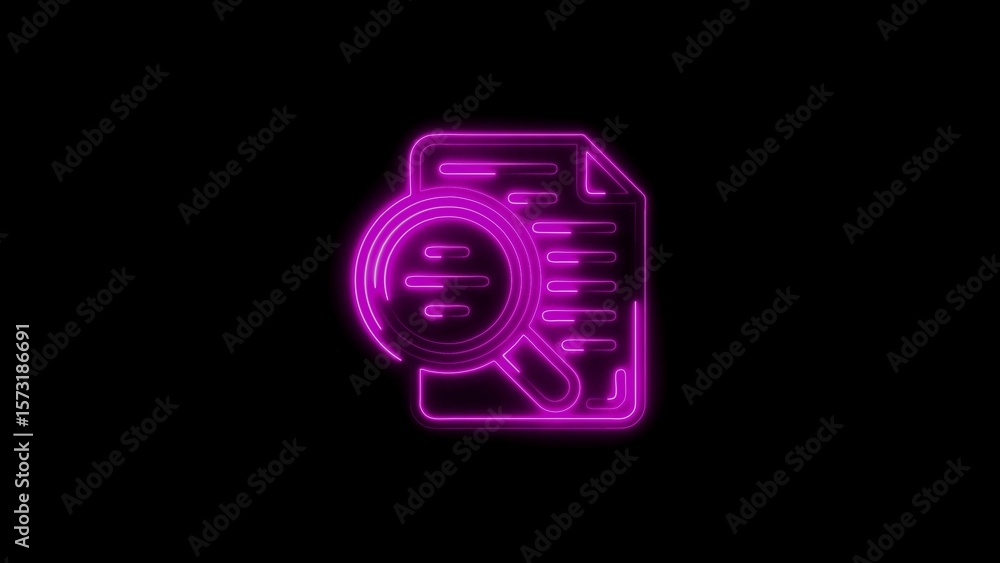 Fototapeta premium Neon pink magnifying glass examining a document on black background