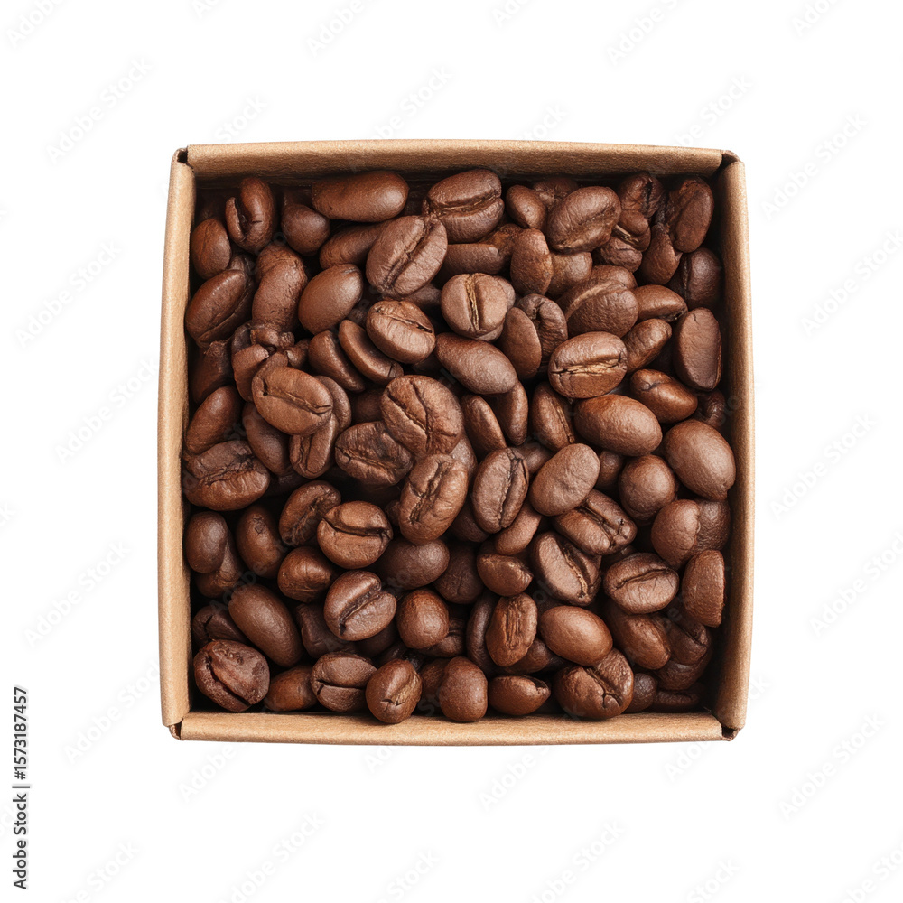 Fototapeta premium Close-Up View of Freshly Roasted Coffee Beans in a Simple Cardboard Box on a White Background Transparent background or png