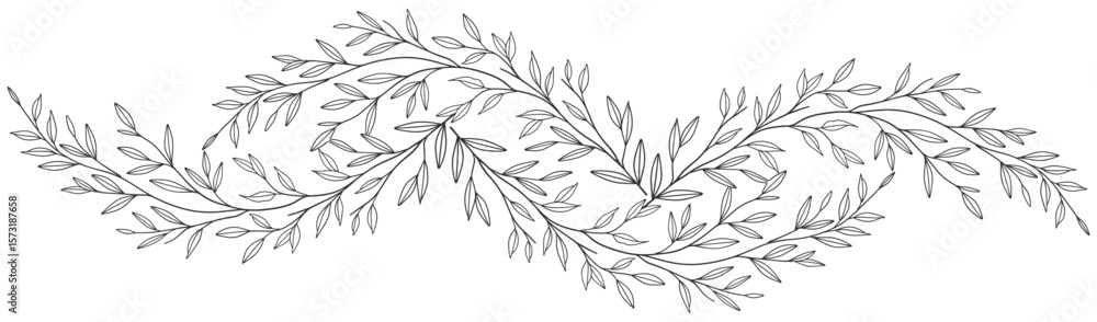Naklejka premium floral leaves line art isolated on white background. Divider doodle leaf and flowers, nature border decorative element vector illustration