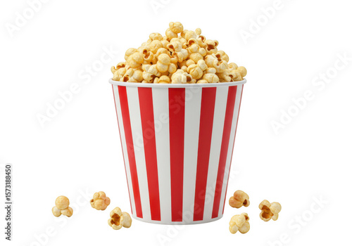 Classic red and white striped popcorn bucket overflowing with snacks isolated on transparent background