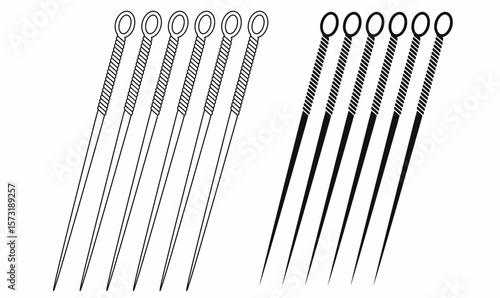 set Vector illustration of acupuncture needles in outline,silhouette and solid styles. Includes sharp tips and coiled handles. Ideal for health, wellness, and therapy concepts.