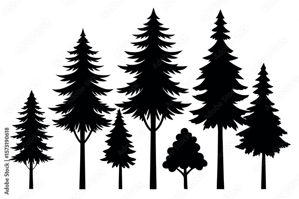 Fototapeta premium Pine Tree Silhouette Collection – Minimalist Black Vector Trees Isolated on White