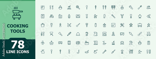 Cooking tools icon set. Related to grill, mixer, pot, heat, tool, equipment, timer and more. Minimalist editable vector stroke. Vector collections. Recipe vector line icon set.