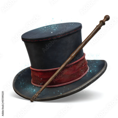Dark Blue Top Hat with Maroon Band and Wooden Wand Magic Prop 3 D Render Sparkling Dust Isolated White Background