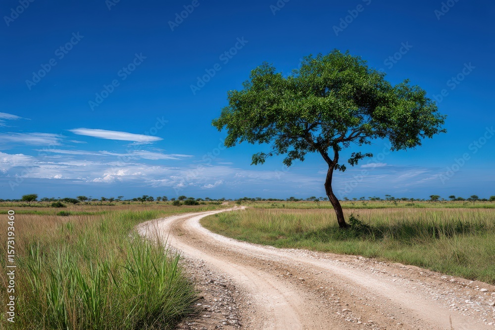 Fototapeta premium Winding dirt road embraced by lush greenery under a bright blue sky during a serene afternoon in the countryside