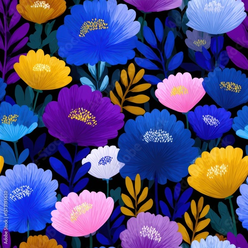 Vibrant Floral Pattern with Colorful Flowers on Black Background
