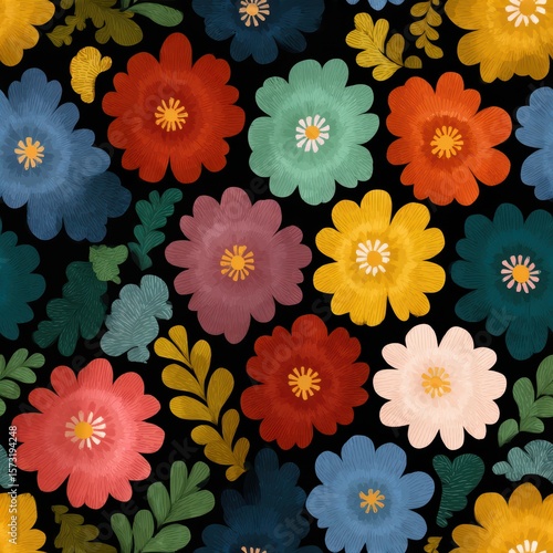 Colorful Floral Pattern on Black Background for Vibrant Designs