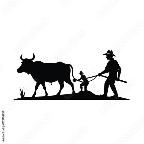 Silhouette of plow farming scene with oxen for countryside labor and cultivation art