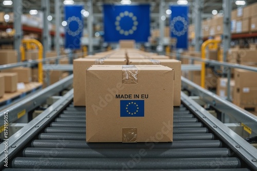 Wallpaper Mural "Made in EU" Package on Conveyor Belt in Warehouse Torontodigital.ca