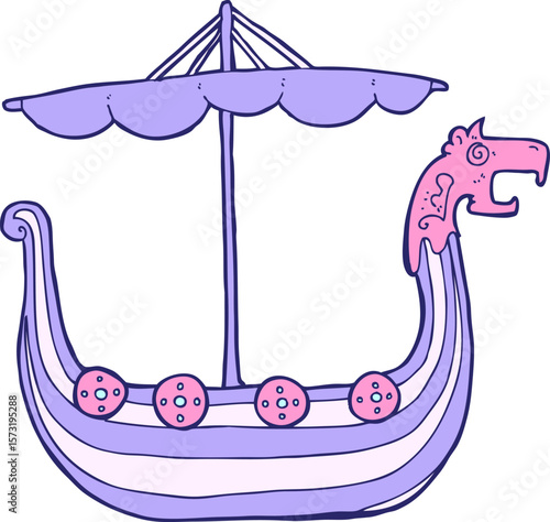 cartoon viking ship in bright neon color
