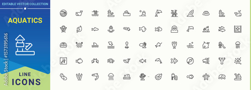 Aquatics line icon set. Minimalist editable vector stroke. Contain linear symbols safe, aquatic, secure. Vector artwork and illustration. Secure icon set.