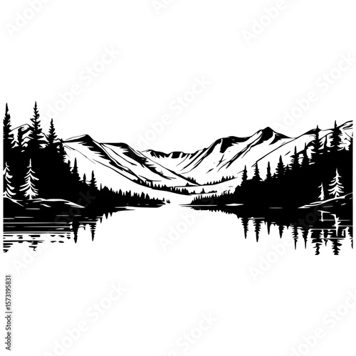 Mountain Lake Landscape Vector Silhouette with Forest Border