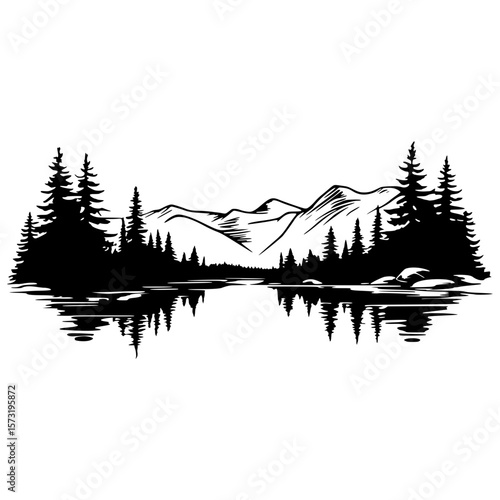 Mountain Lake Silhouette with Forest and Reflections