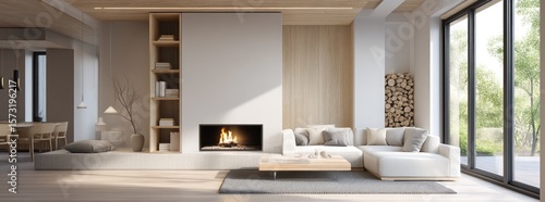 Scandinavian modern living room with sectional sofa, built-in shelves, fireplace, floor-to-ceiling windows, and wood accents, ideal for minimalist interior design and cozy lifestyle visuals
