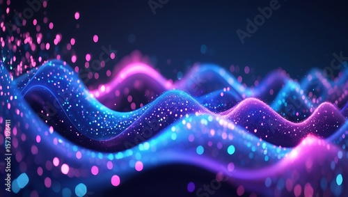 Abstract Digital Waves: Vibrant Pink and Blue Luminous Particles Flowing in Dark Space
