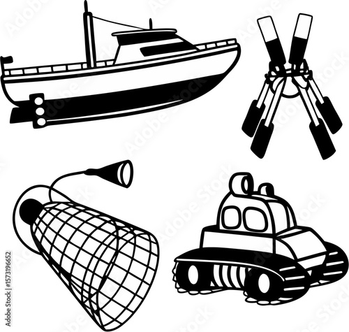 vector illustration of a set of marine research tools 