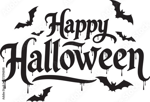 Vector art of happy halloween spooky bats fly around dripping gothic text isolated on transparent background