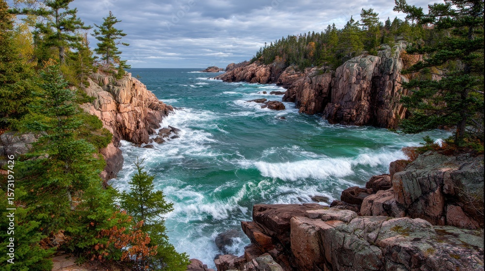 Obraz premium Rocky coast with turquoise water and waves crashing against the shore