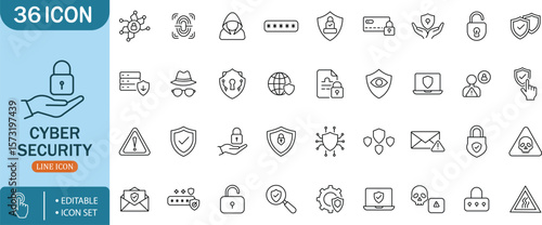 Cyber Security Shield Line Icon Set, Protection, Privacy, Data, Secure, Network, Firewall, Encryption