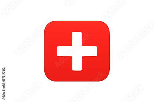 Red plus icon and symbol on a rounded square shape