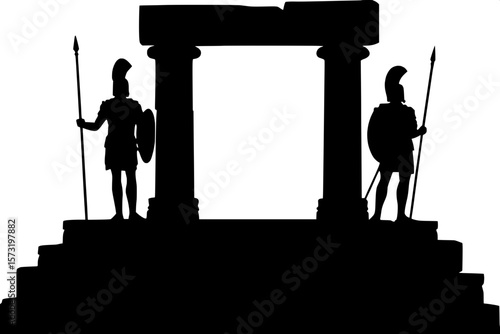 "Black-and-white minimalist artwork showing two armored sentries with spears, guarding an ancient ceremonial arch on a tiered platform. The arch is flanked by heavy stone pillars and the scene is pres