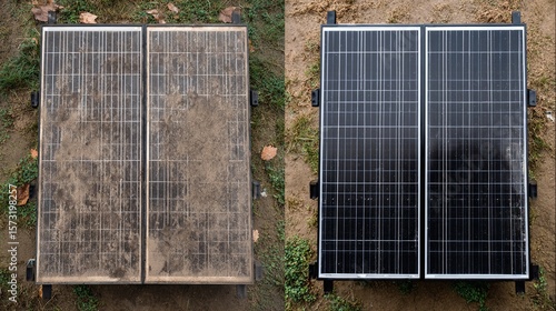 Solar Panel Cleaning Comparison: Dirty vs. Clean. See the efficiency difference! One side shows dirt buildup and the other clean energy efficiency.