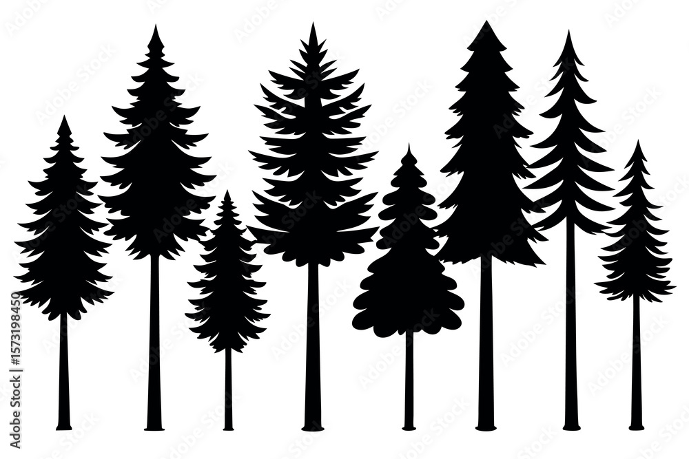 Fototapeta premium Black Silhouettes of Pine and Fir Trees – Evergreen Forest Vector Art