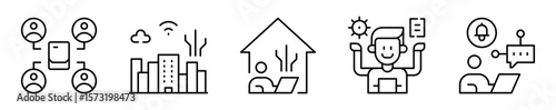 Conjunto de iconos de sociedad moderna. Estilo de vida actual. Conexión digital, infraestructura inteligente, trabajo remoto, energía sostenible y comunicación virtual 