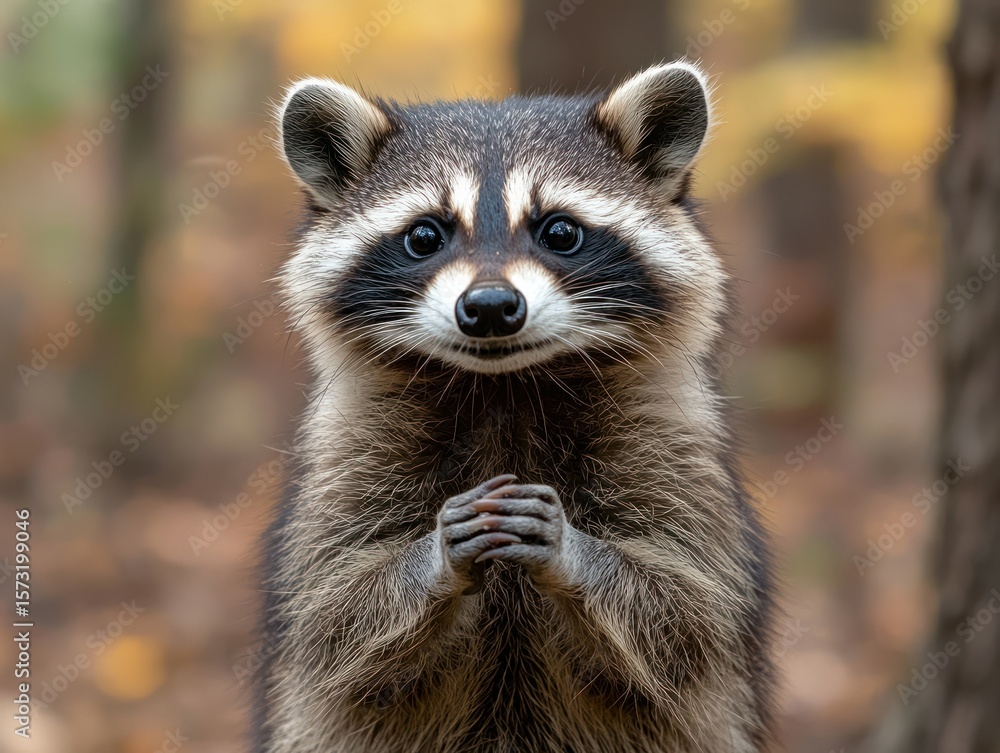 Close-up of a raccoon, face-on, in autumnal forest Close-up of a raccoon, face-on, in autumnal forest