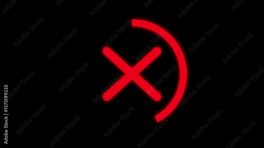 Obraz premium Red neon cross mark and a half circle with black background for cancellation and warning