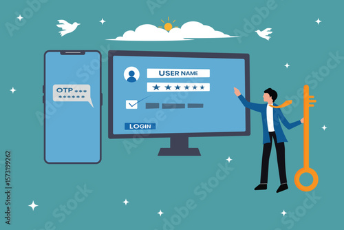 One time password, security concept illustration. Safety or protection for software accessibility, carrying security key, login with computer and OTP password on mobile phone. Cyber security template.