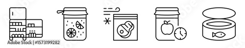 Conjunto de iconos de conservación de alimentos . Durabilidad de los productos. Refrigeración, almacenamiento, congelación, control y alimentos enlatados. Ilustración vectorial 