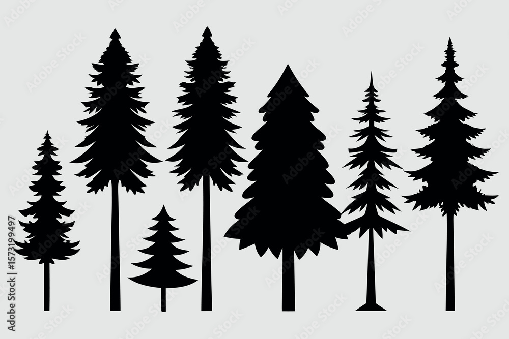 Obraz premium Evergreen Tree Treetops Panorama – Silhouetted Fir and Spruce Forest Vector