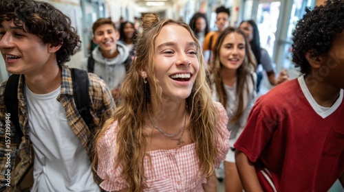 School hallway, happy teens walking