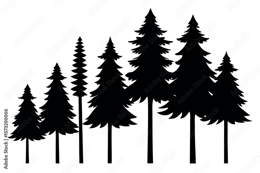 Obraz premium Black Pine and Conifer Silhouettes – Horizontal Woodland Background Vector Set