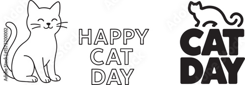 Banner. Happy cat day. Outline vector design on white background.
