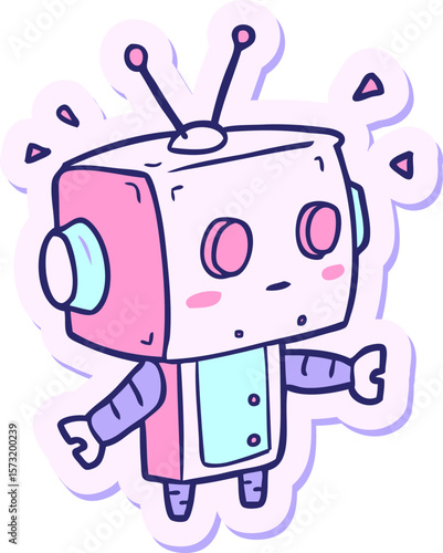 sticker of a cartoon robot in bright neon color