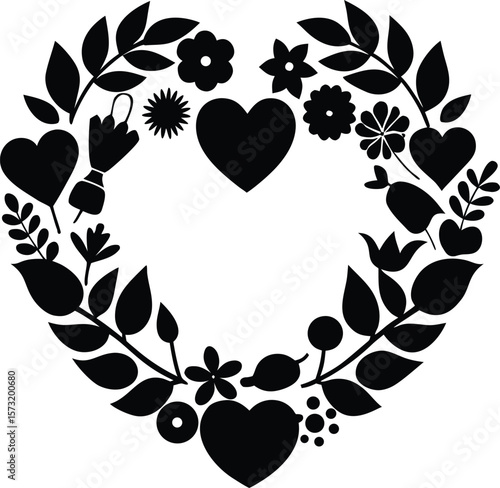Slika na platnu Heart shaped floral wreath with love themed elements in a striking silhouette