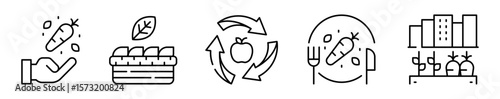 Conjunto de iconos de alimentación sostenible. Prácticas responsables. Elección consciente, producción local, reciclaje alimentario, consumo vegetal y huerto urbano. Ilustración vectorial