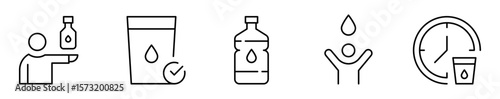 Conjunto de iconos de hidratación. Consumo de agua. Hidratarse, vaso de agua, botella reutilizable, bienestar y recordatorio. Ilustración vectorial 