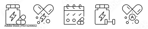 Conjunto de iconos de suplementos y vitaminas. Micronutrientes para la salud. Suplemento energético, cápsula, consumo diario, apoyo deportivo y vitamina específica. Ilustración vectorial