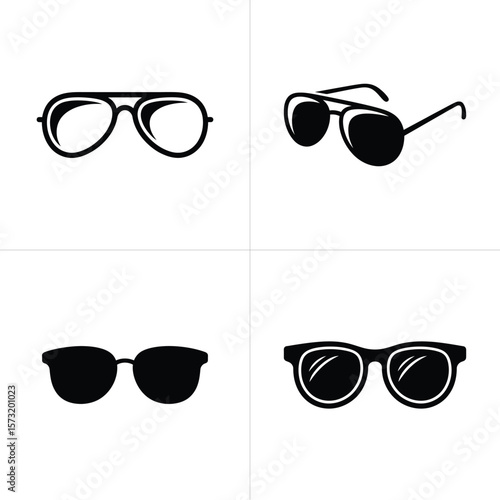 Four Sunglasses Styles with Black Frames and Lenses on a White Background